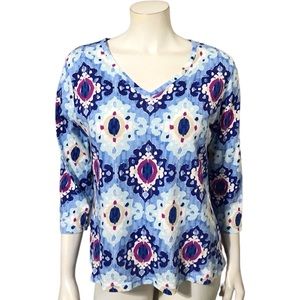 Caribbean Joe Women's Blouse 3/4 Sleeve V-Neck Blue White Floral Sz-L